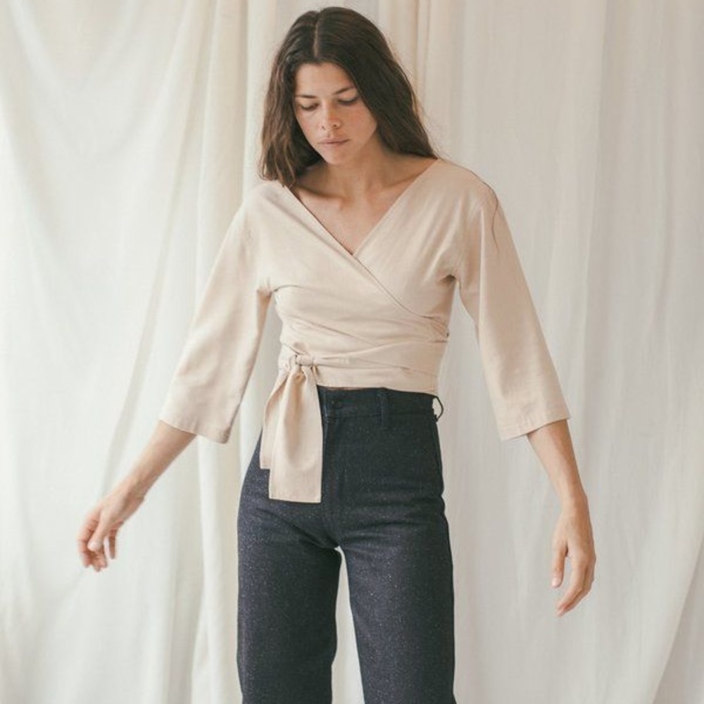OZMA Raw Silk Reversible Wrap Top Conch BNWT Sz. M